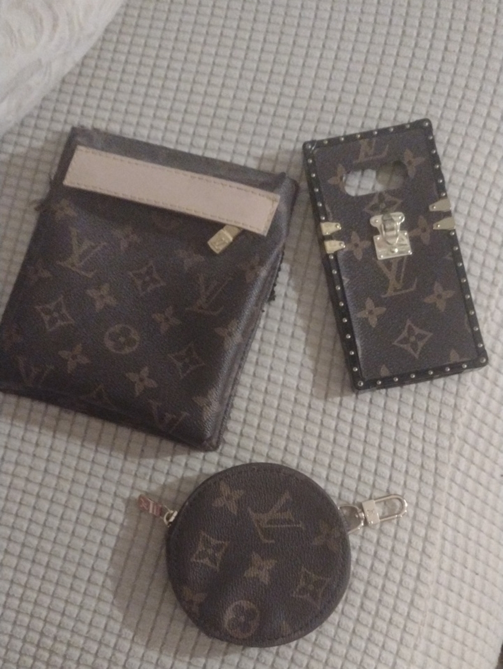 3 Pieces Monogram Coin Wallet, Leather Pouch ,,Phone Case $70
